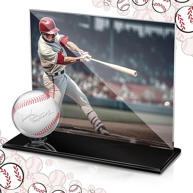 DoubleFill Acrylic Baseball Display Case for Ball and Cards Extra Large Clear Base Ball Holder Ring Stand Set Centerpieces Protector Memorabilia Showcase for Official Size Baseball