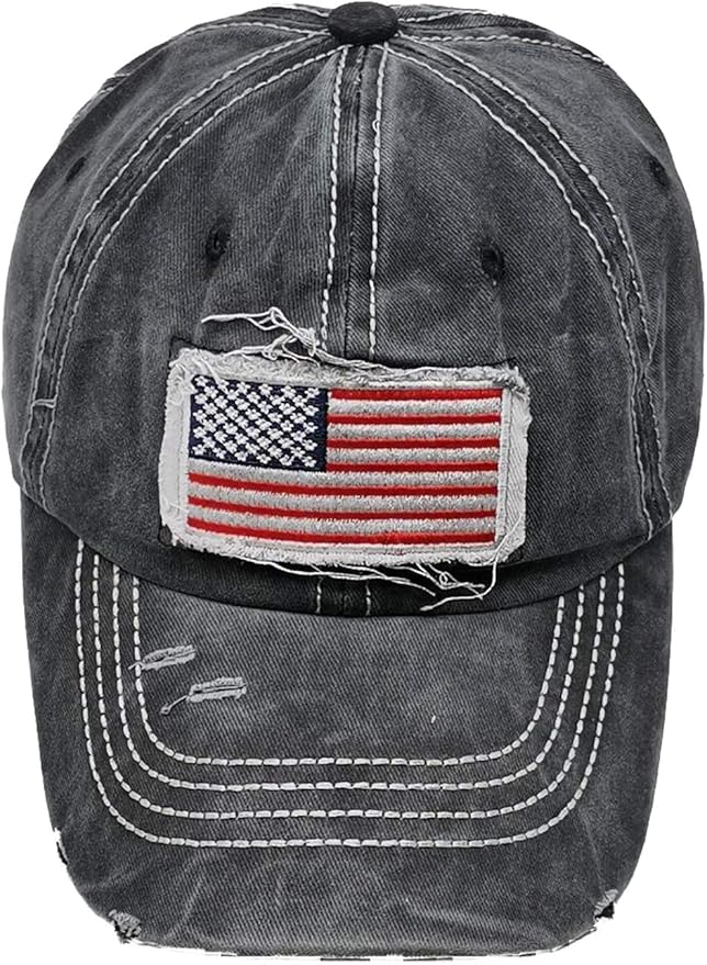 Women American Flag Ponytail Hat, Embroidery Adjustable Washed Distressed Messy Bun Baseball Cap …