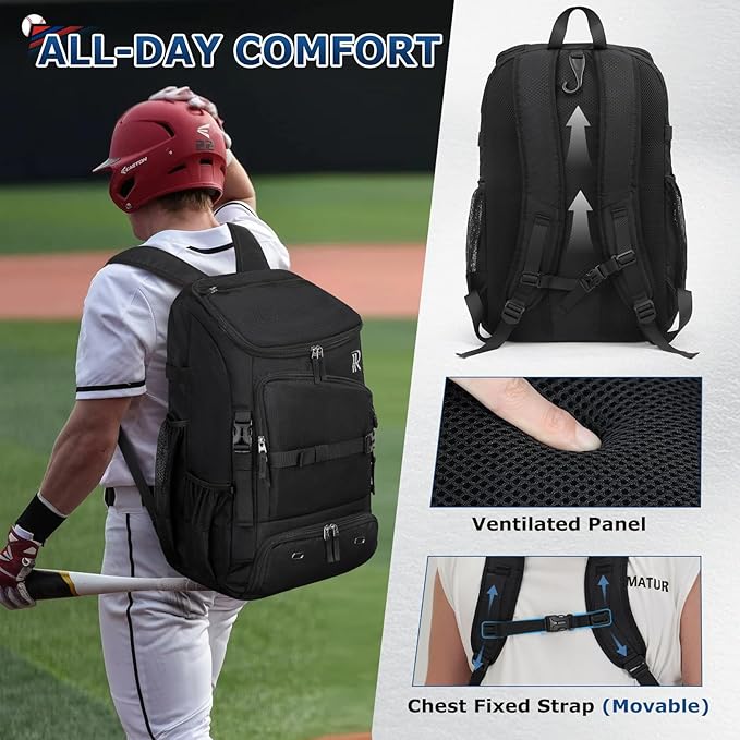 RAINSMORE Baseball Bag for Youth & Adult 40L Large Softball Bag Lightweight Baseball Backpack with Helmet Holder, Shoe Compartment, Fence Hook Waterproof Bat Bag for Baseball Softball Tball Equipment