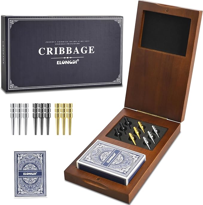 Foldable Wooden Cribbage Board Game Set, Portable Travel 3 Track Cribbage Board by ELONGDI