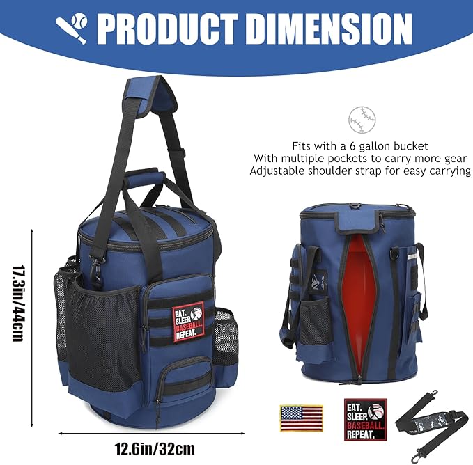 Baseball Bucket Bag 6 Gallon Bucket Cover Organizer w/Padded Seat tactical Softball Coaches Bag for Balls, Bat, Gloves, Scoreboards