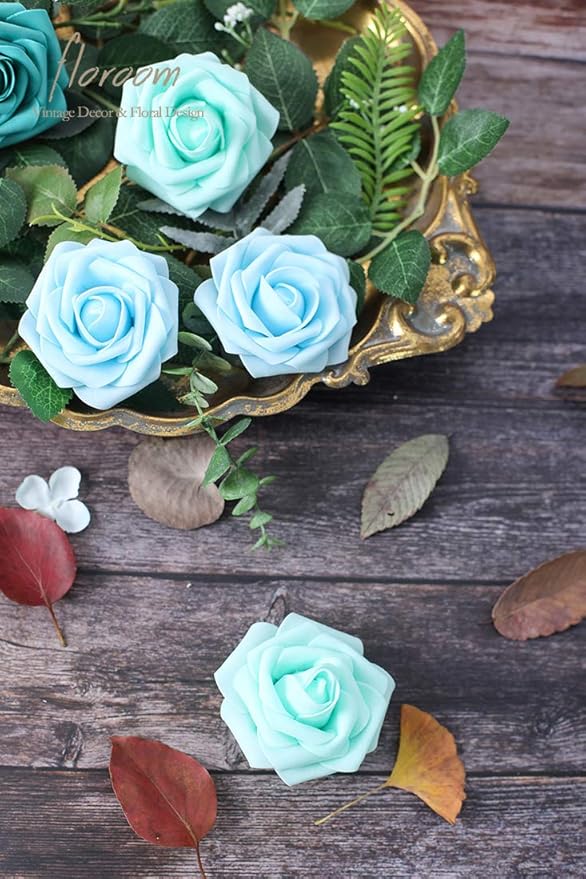 Floroom Artificial Flowers 50pcs Real Looking Aqua Blue Foam Fake Roses - Image 4