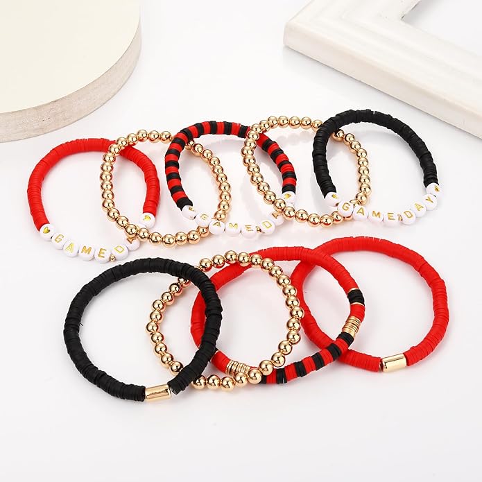 NLCAC 9 Pack Game Day Bracelets Stackable Heishi Beaded Stretchy Bracelet Preppy Jewelry Baseball Football Team Bracelets Sports Fan Accessories Gifts