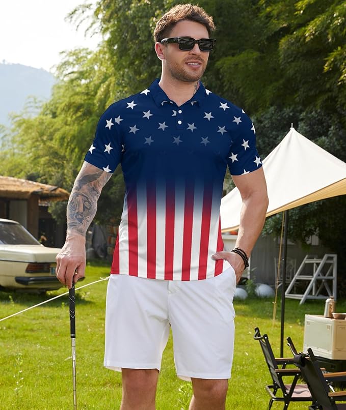 Golf Polo Shirts for Men Funny Print Short Sleeve Golf Shirts Performance Golf Polos