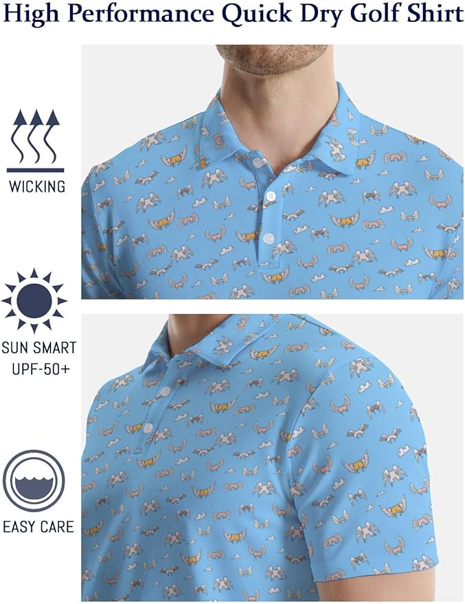 HUURAY Funny Golf Polos for Men Funny Print Short Sleeve Shirts Quick Dry Polo Shirts Hawaiian Shirt Performance Golf Outfits