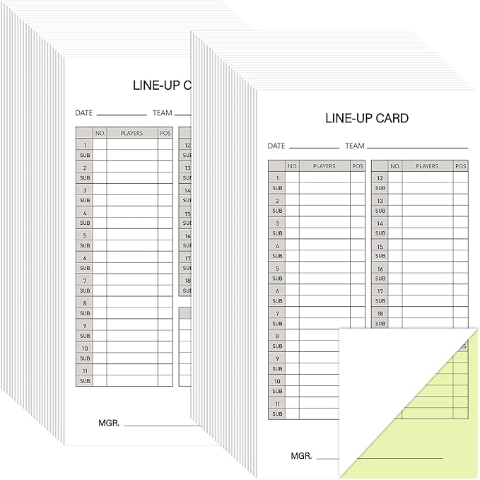 Geyee 50/100/200 Baseball Softball Lineup Cards 4.52 x 7.86 Inch Lineup Sheet Games with Player Roster Baseball Scorebook Coaching Accessories for Coaches Umpires, 4 Part Carbonless Copies(100 Sets)