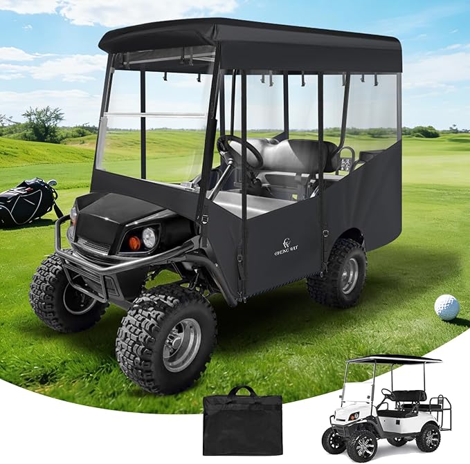 4 Passenger Golf Cart Enclosure for EZGO Express S4 2+2 Seater Long Roof, Waterproof 600D Oxford Driving Rain Cover with Full Roll-Up Clear Windows & Doors