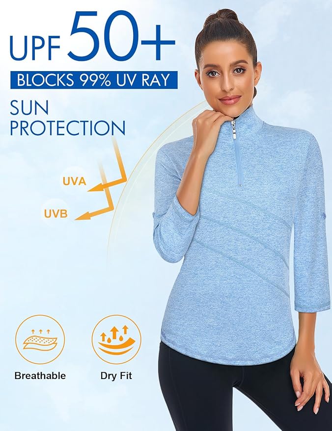 Koscacy Women's 3/4 Roll Sleeve Golf Tennis Polo Shirts UPF50+ Half Zip Dry Fit Workout Tops Athletic Shirt