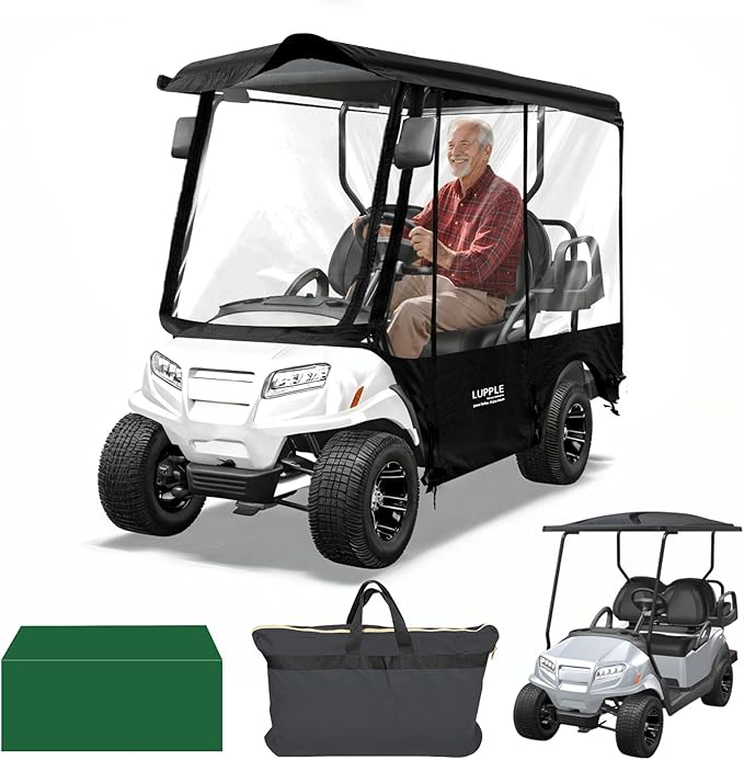 Golf Cart Enclosure 4 Passenger Extended Roof for EZGO/Club Car/Yamaha/ICON, Fits 2+2 Seater Model, 600D Waterproof Rain Cover with Clear PVC Windows and 4-Sided Roll-Up Zipper Doors