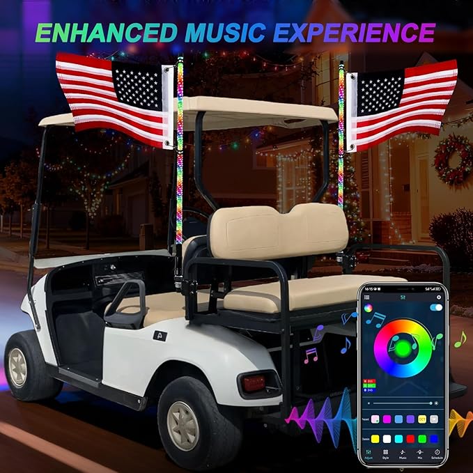 iLSKW 2-Pack 3FT Golf Cart LED Whip Lights Holder, for 1" Square Rails, APP&Remote Control RGB Whips, with Brake Turn Reverse Signal Function, for 36V 48V 72V Golf Carts (Included DC Converter)
