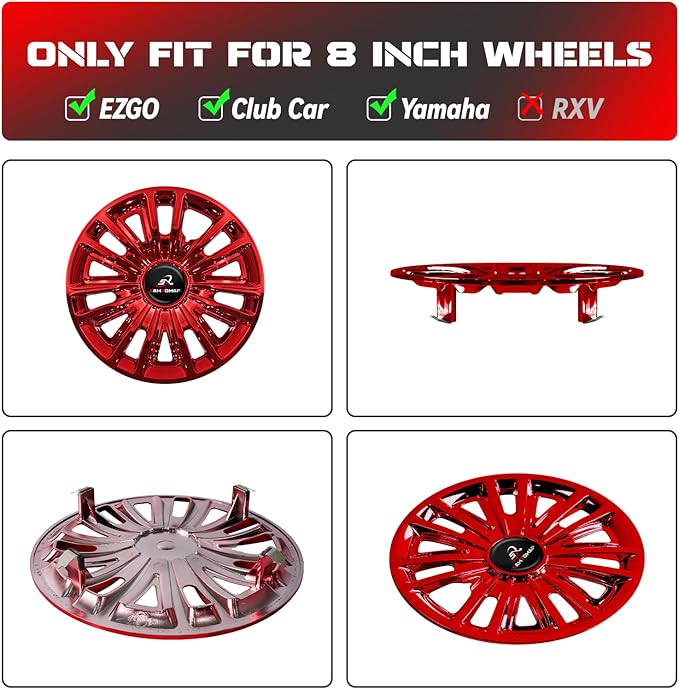 Golf Cart Hub Caps 8 Inch for EZGO/Club Car/Yamaha (Excludes EZGO RXV) Golf Cart Wheels and Tires, Snap-On Installation Wheel Covers Accessories, Premium ABS Plastic, Set of 4, Red