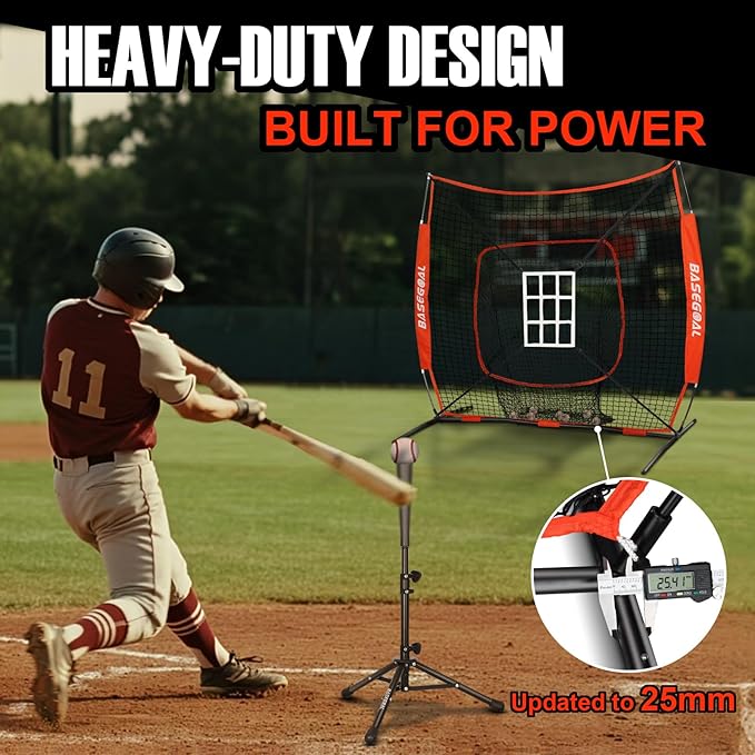 BaseGoal 6'×6' Baseball Softball Practice Net,Baseball Backstop,with Batting Tee,Ball Caddy,for Hitting Pitching Batting Catching with Bow Frame,Bonus Strike Zone,Target,Portable and Foldable