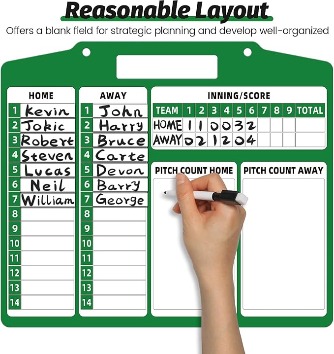 Magnetic Baseball Lineup Board - Dry Erase Baseball Lineup Board for Dugout, Sturdy Magnetic Baseball Coach Clipboard for Coaches, Durable Softball Coaching Accessories. (Green)