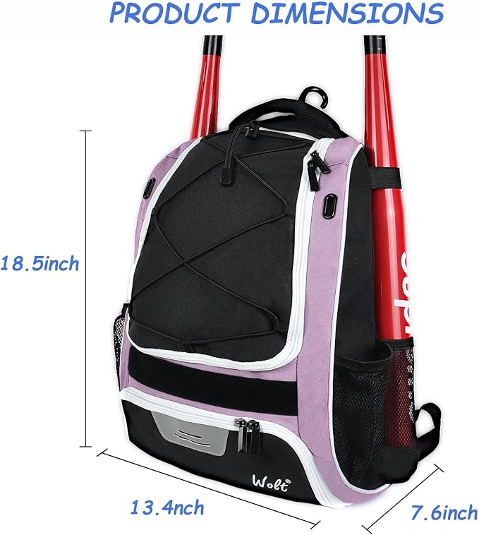 WOLT Youth Baseball Bag - Bat Backpack for Baseball, T-Ball & Softball Equipment & Gear, Bat & Glove Holder, Large Main Compartment for Helmet & accessories, Separate Shoes Compartment, Fence Hook