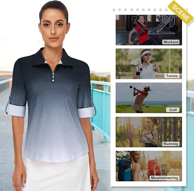 Koscacy Women's 3/4 Roll Sleeve Golf Tennis Polo Shirts UPF50+ Half Zip Dry Fit Workout Tops Athletic Shirt