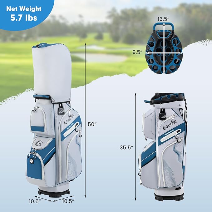 Tangkula Golf Cart Bag with 14-Way Full Length Dividers, 6 Molded Lock Top Golf Club Bag with 11 Pockets, Cooler Bag, Padded Strap, Handles, Umbrella Holder & Rain Hood