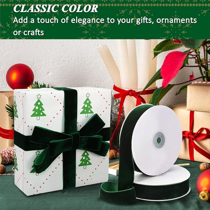 Dark Green Velvet Ribbon, 1 Inch x 20 Yards Single Faced Green Ribbon - Image 7