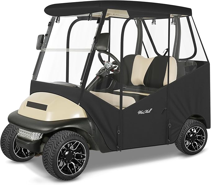 Golf Cart Enclosure 2 Passenger for Club Car Precedent Tempo Onward 2-Person Seaters 600D Waterproof Transparent Driving Rain Cover with 4-Sided Clear Windows Mirror Zipper Roll-Up Door Black