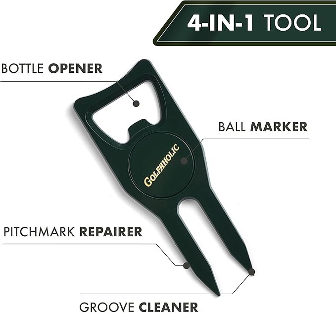 Shanker Golf - Hip Flask & Divot Tool Golf Gift Set - Golfaholic Hip Flask & 4-in-1 Divot Tool Set - Funny Golf Gifts for Men - Ball Marker, Groove Cleaner & Bottle Opener