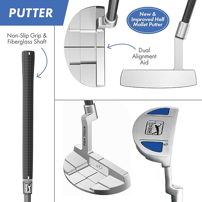 PGA Tour Youth Golf Club Set for Ages 5-15+ (3’5”-5’10”), Right and Left-Handed Kids Golf Sets – Beginner Junior Golf Clubs with Lightweight Stand Bag, Mallet Putter, Hybrid, Driver