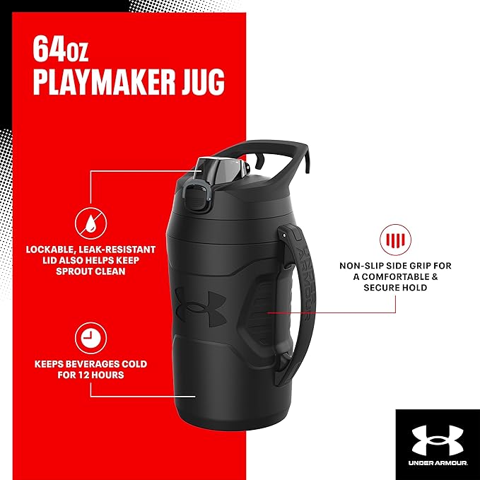 Under Armour Half Gallon Water Bottle Insulated, 64oz Insulated Water Bottle with Handle, Fence Hook, Leak Resistant, for Baseball, Football & More - White/Black