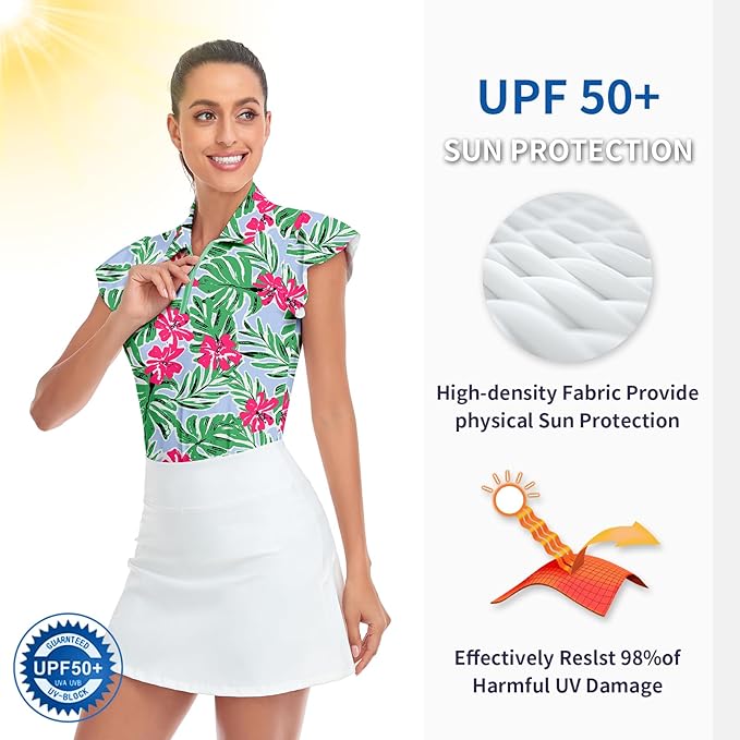 Soneven Womens Petal Sleeve Golf Shirts Moisture Wicking Lady Golf Apparel Print Tennis Sport T Shirt