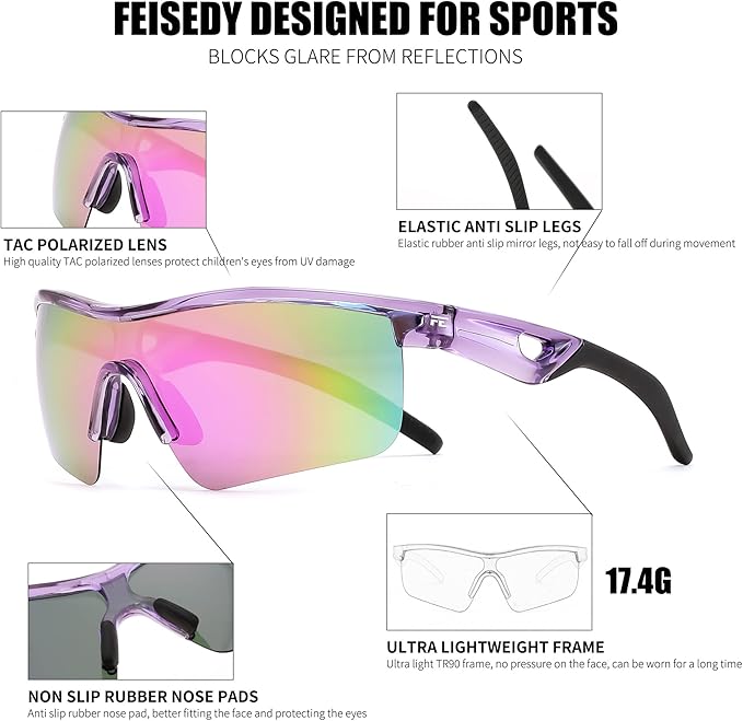 FEISEDY Kids Teens Baseball Polarized Sunglasses Sports TR90 Frame Boys Girls Cycling B2454