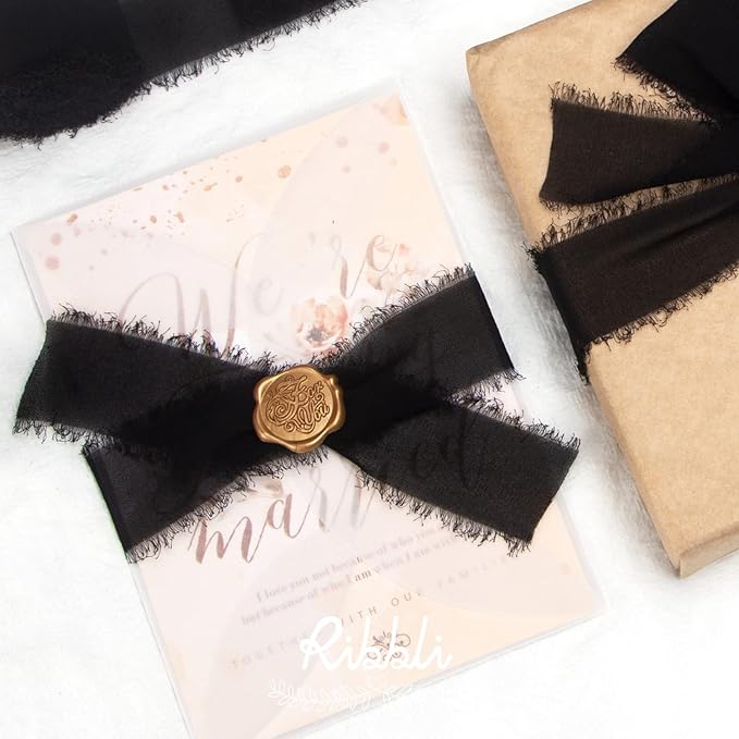 Ribbli Black Chiffon Ribbon 1-1/2 inch x 20 Yard Handmade Fringe Chiffon Silk - Image 3