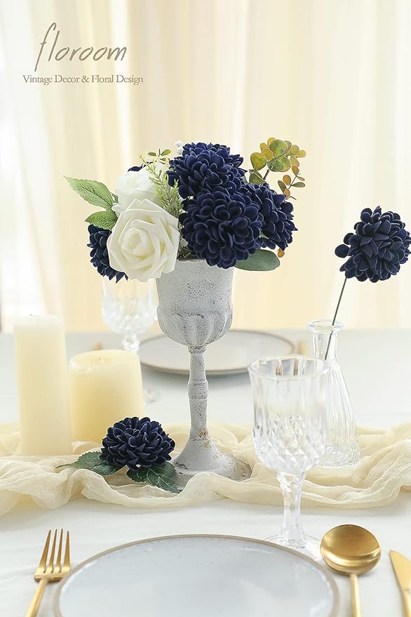 Floroom Artificial Dahlia Flowers 25pcs Real Looking Navy Blue Foam Fake Roses - Image 2