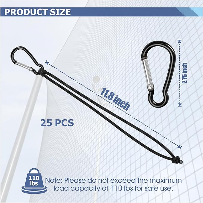 Batting Cage Net Hooks - Heavy Duty Carabiner Clips and Hanging Ropes, Hangers Accessories for Baseball, Softball, Golf Nets, 25 Pcs
