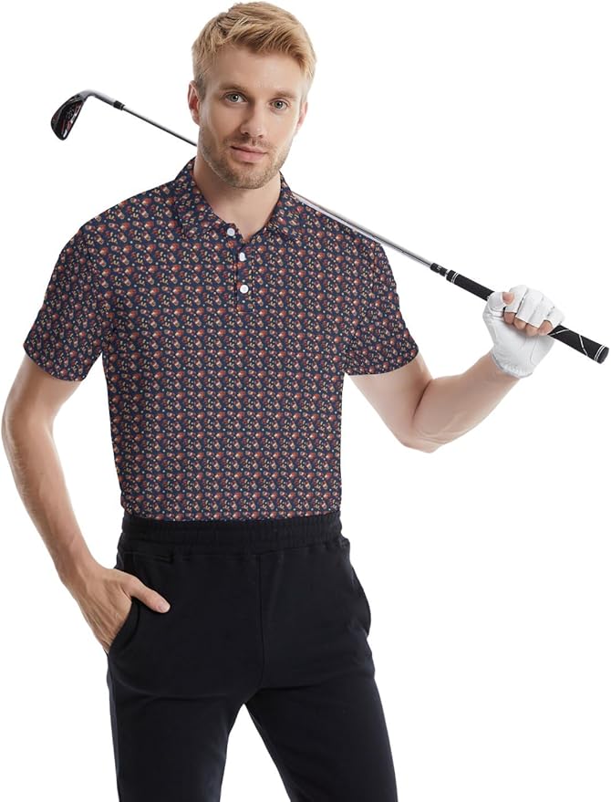 HUURAY Funny Golf Polos for Men Funny Print Short Sleeve Shirts Quick Dry Polo Shirts Hawaiian Shirt Performance Golf Outfits