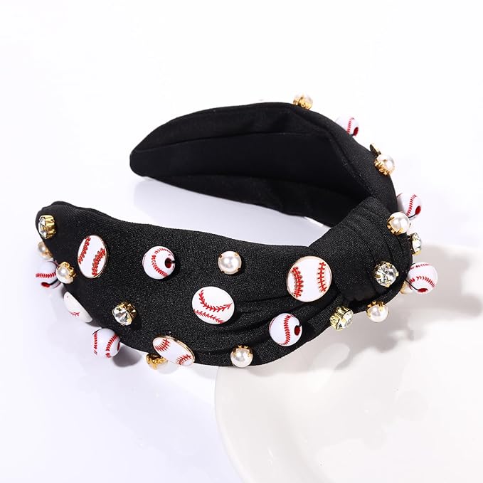 Baseball Headband for Women Baseball Accessories Beaded Crystal Pearl Knotted Headbands Baseball Charm Embellished Headbands Wide Top Knot Sports Game Day Headband Gifts (Black)