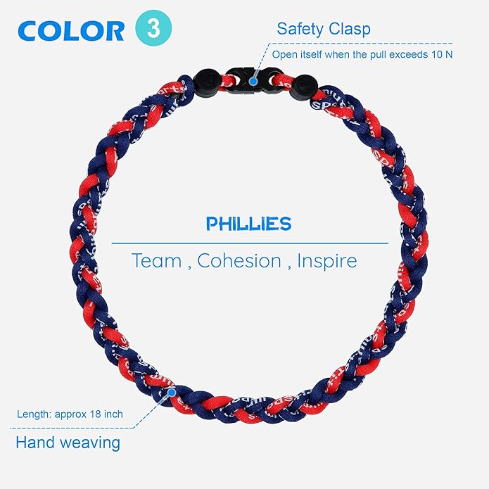 3 pcs Baseball Rope Necklaces, League Team Colors Braided Necklace, Baseball Team Gifts