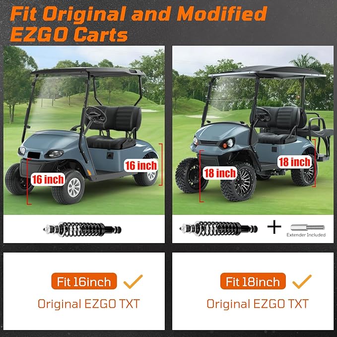 Golf Cart Shocks with Heavy Duty Coil Springs for 1994+ EZGO TXT/Medalist G&E Model, Replace E-Z-GO Front or Rear Absorbers OEM# 70928-G01 76418-G01 Included Extender for Lifted Cart - Black