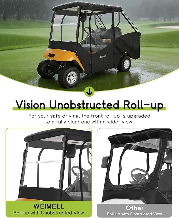 Golf Cart Enclosure 4 Passenger for EZGO TXT Short Roof 2+2 4-Seater Waterproof Windproof Driving Rain Cover 4-Sided Clear Windows Roll-up Door Black