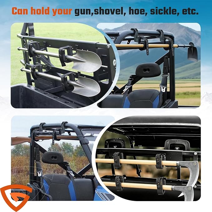 UTV Hunting Tool Holder,Roll Bar Tool Gun Rack Fits for 1", 1.5",1.75", and 2" Roll Bar UTV Rack, Gun Mount Compatible with Polaris RZR Ranger Can-Am Kawasaki Snowmobile Golf Cart