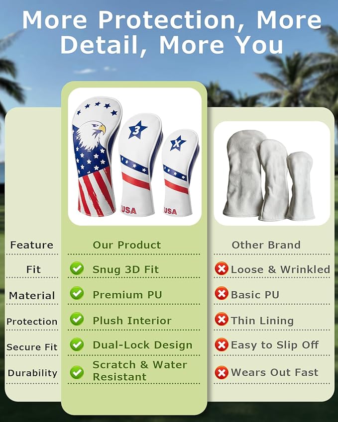 Fitense Golf Head Covers, 3 Pack Golf Club Head Covers USA Stars and Stripes, Velour Lined for Extra Club Protection, Designed to Fit All Woods and Drivers Velour Lined