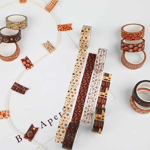 12 Rolls Coffee Washi Tape Set, Vintage Coffee Decorative Tapes, Retro Brown - Image 5