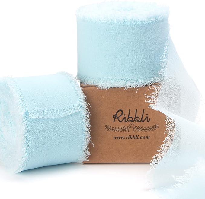 Ribbli Ice Blue Chiffon Silk Ribbon, 1-1/2 inch x 20 Yard, Handmade Fringe by Ribbli