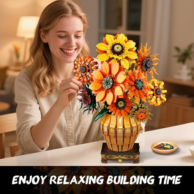 Sunflower Building Set with Lights Vase Base, Flowers Botanical Collection - Image 6