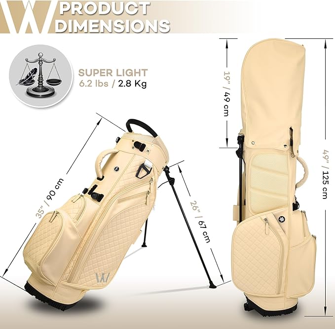Luxury Womens Golf Bag, PU Leather Golf Stand Bag for Women/Ladies, 14-Way Full-Length Top Dividers, Ultra Lightweight, Large Pockets for Accessories