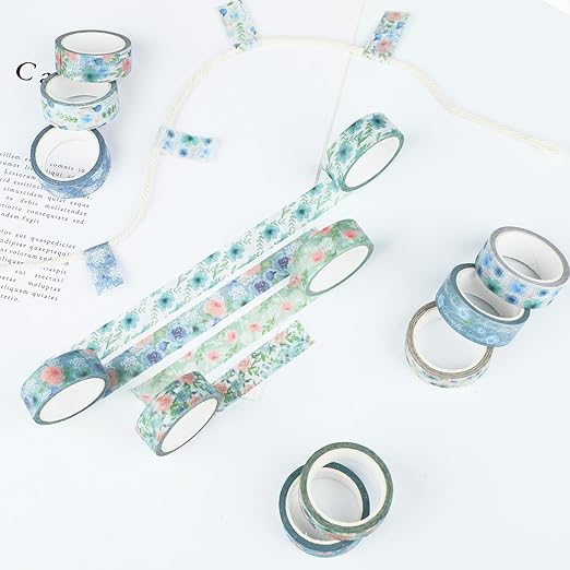 12 Rolls Floral Washi Tape, Vintage Blue Pink Floral Decorative Tapes - Image 5