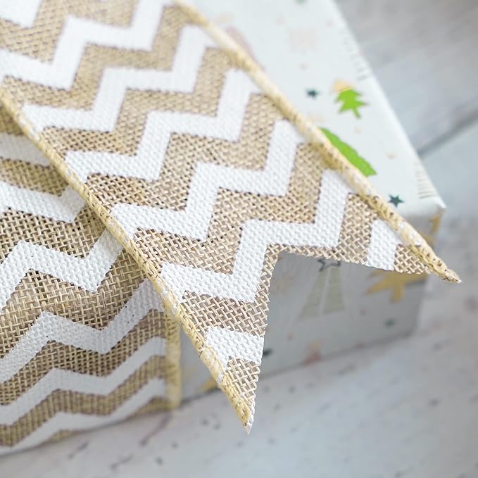 MEEDEE Burlap Ribbon with White Chevron Pattern - Image 5