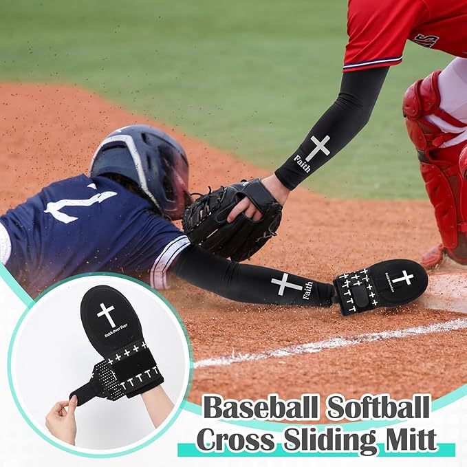 4 Pcs Christian Faith Cross Baseball Guard Accessories Include Christian Sliding Mitt Faith Arm Sleeve Cross Baseball Hat and Religious Socks Left/Right Hands - Hand and Wrist Protection