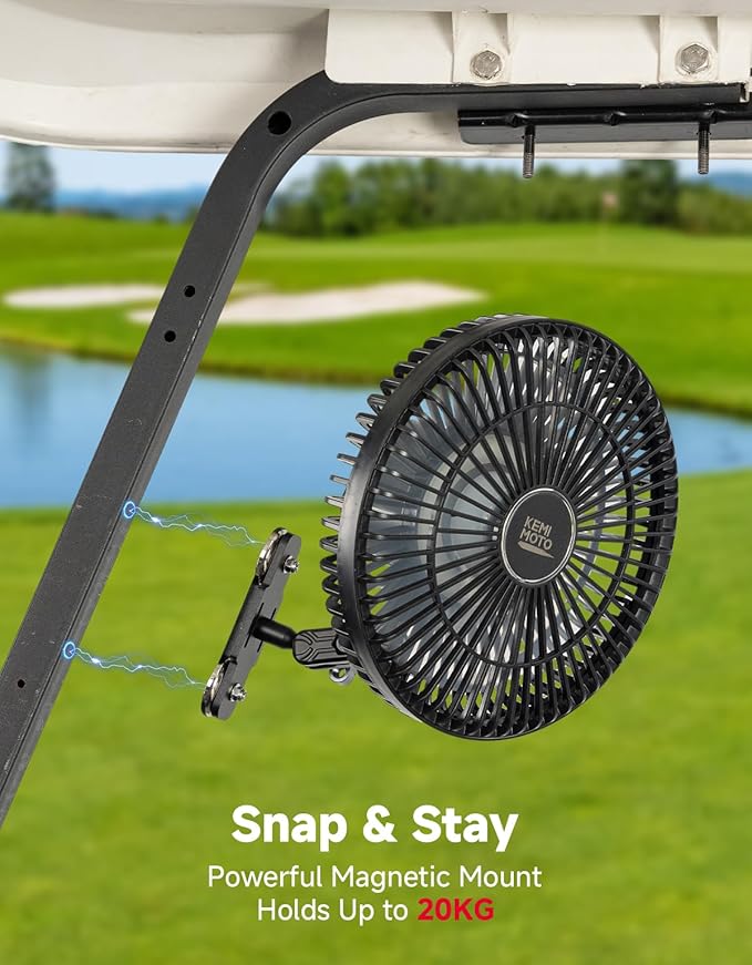 KEMIMOTO 8-Inch Magnetic Golf Cart Fan with Reinforced Metal Ball Joint, 3 Light Modes & 6-Speed, Magnetic Fan for Golf Cart, Forklift, Compatible with EZGO RXV, Club Car,1 Pack