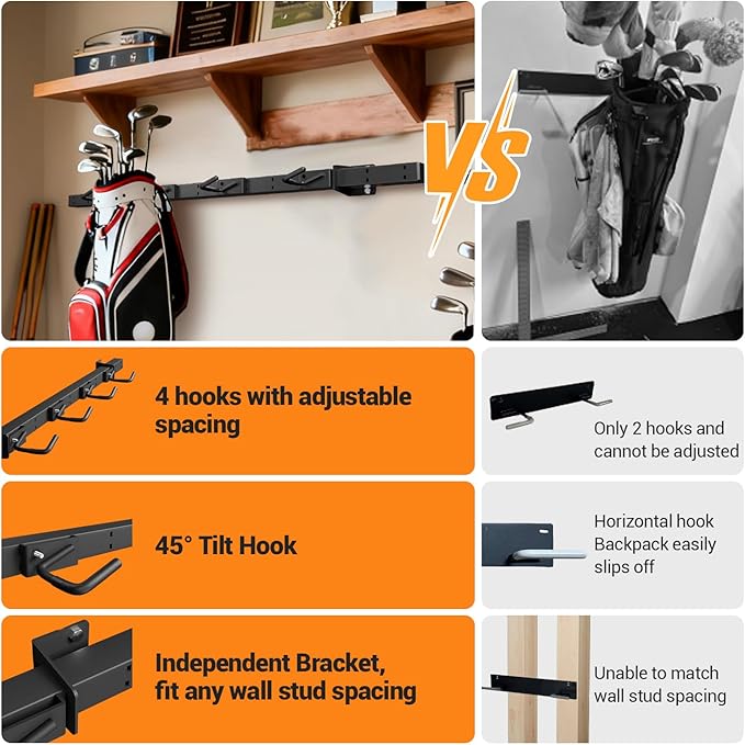 Golf Bag Wall Mount for Garage, Golf Bag Storage Rack, Adjustable Hook, Heavy-Duty Wall Mount Organizer for Golf Bags & Accessories