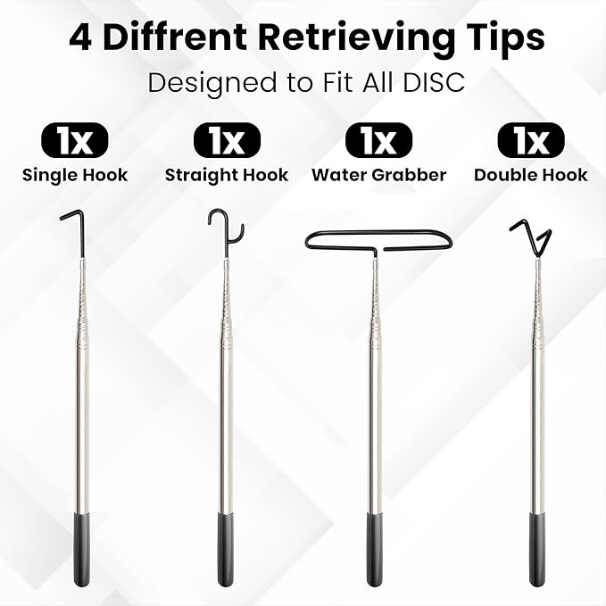 4 in 1 Disc Golf Retriever Pole 16 ft– Extendable Telescopic Disc Retriever with Durable Stainless Steel Frame Hooks & Carry Bag – Disc Golf Grabber for Getting Discs Out of Water, Trees, Bushes