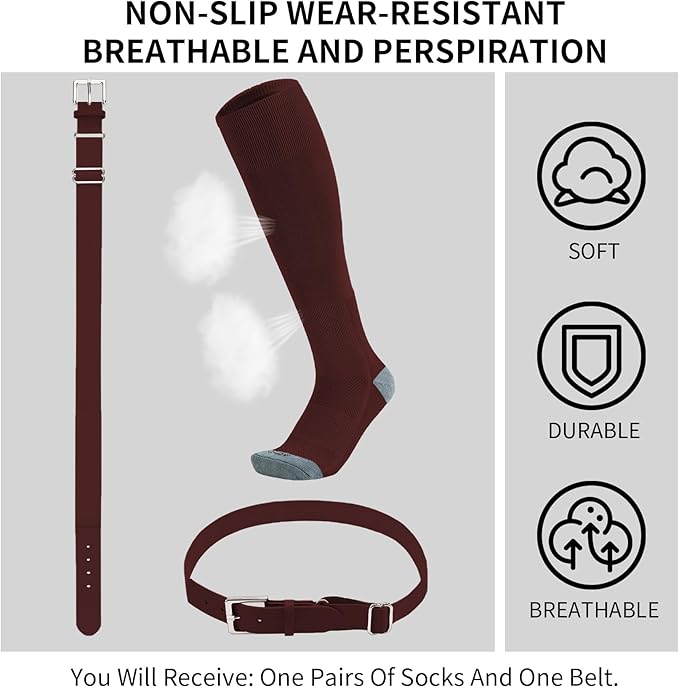 QBK Youth Baseball Socks & Belt Combo Set for Kids 2-16 Years -Softball/Tee Ball Accessories (1 Pair + 1 Belt, Unisex)