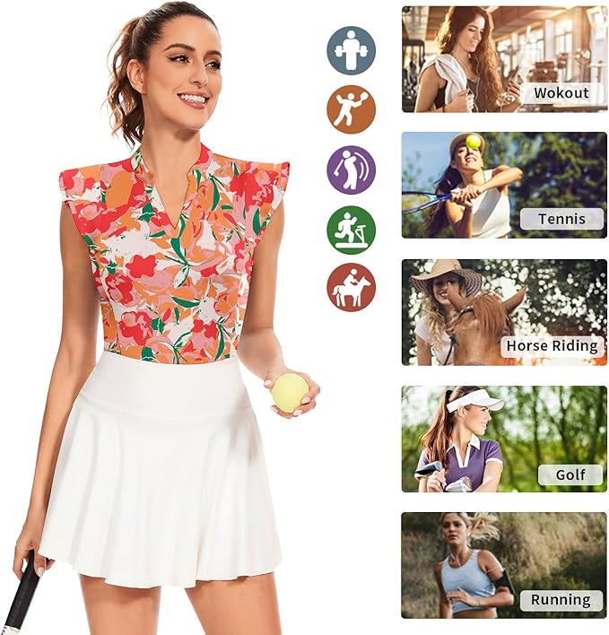 Soneven Womens Petal Sleeve Golf Shirts Moisture Wicking Lady Golf Apparel Print Tennis Sport T Shirt