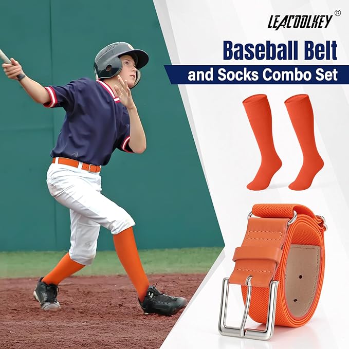 LEACOOLKEY Baseball Belt and Socks Combo Set Adjustable Softball Socks and Elastic Belt for Youth and Adult